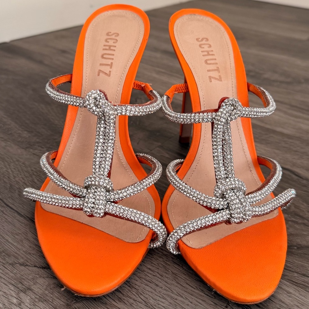 NEWSCHUTZ Vibrant Orange and Silver Heels Embellished